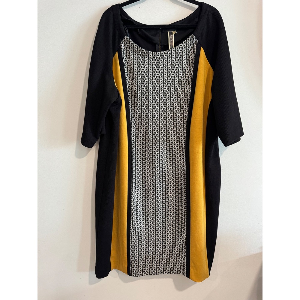 Julian Taylor Colorblock Sheath Dress Womens 24W Black Yellow Geometric Panel